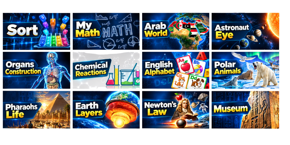 Sample topics: mathematics, Arab world, space, human organs, chemical reactions, alphabet, animals, earth layers, Newton's law and museums